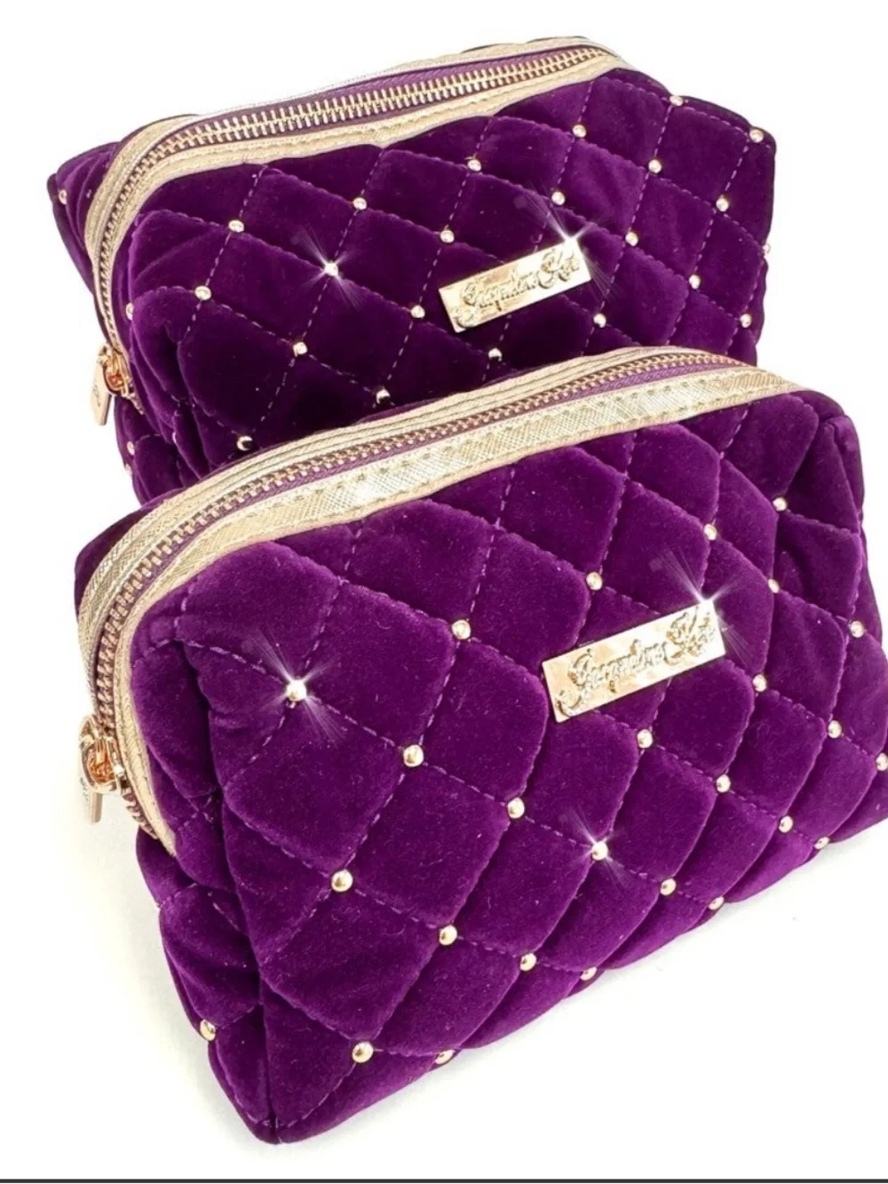 Velvet Quilted Royal Purple Women's Makeup Bags with Gold Studs